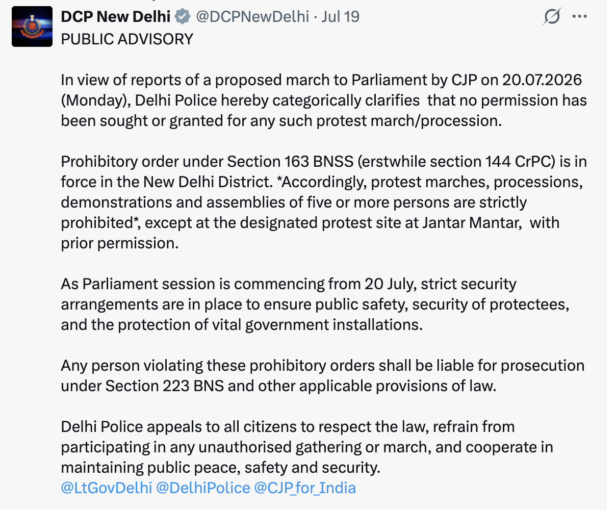 DCP New Delhi public advisory tweet: no permission granted for the march, prohibitory orders in force