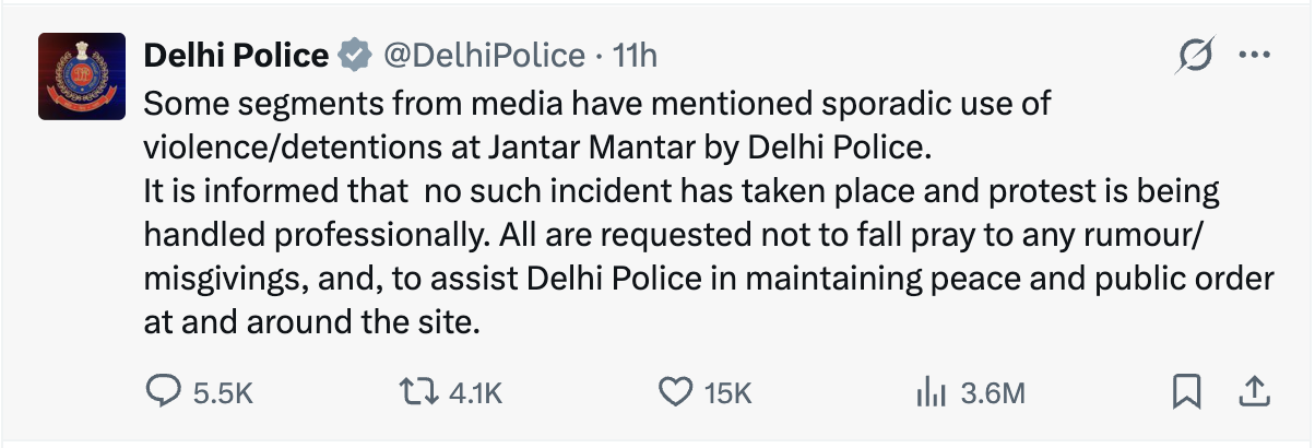 Delhi Police tweet: no such incident has taken place and protest is being handled professionally